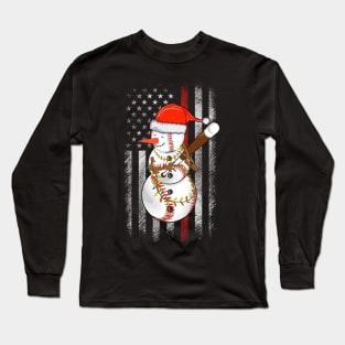 Christmas Snowman Playing Baseball with Us Flag Background Long Sleeve T-Shirt